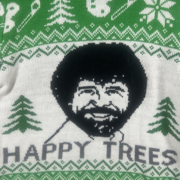 Bob Ross Men Green & White "Happy Trees" Holiday Fair Isle Sweater Size L Large - Picture 7 of 9